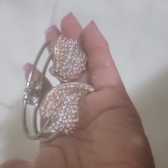 🏷ALDO BRACELET/BANGLE W/ 2 LEAF pink stone  studded silvertoned Hinged bracelet - Picture 8 of 10